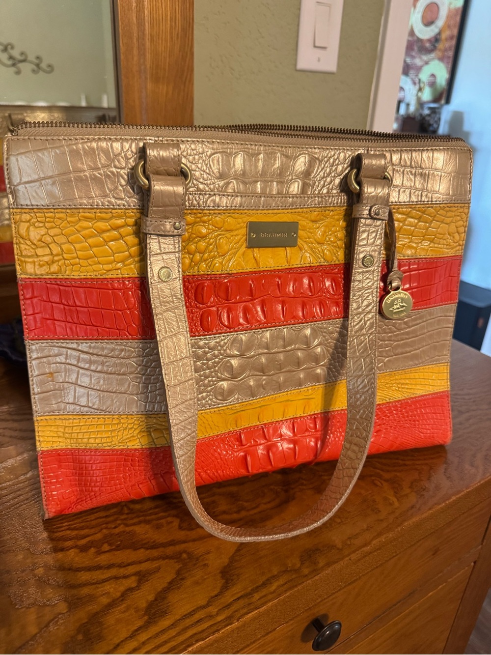 Brahmin Croc-Embossed Striped Bag in Red, Yellow & Taupe